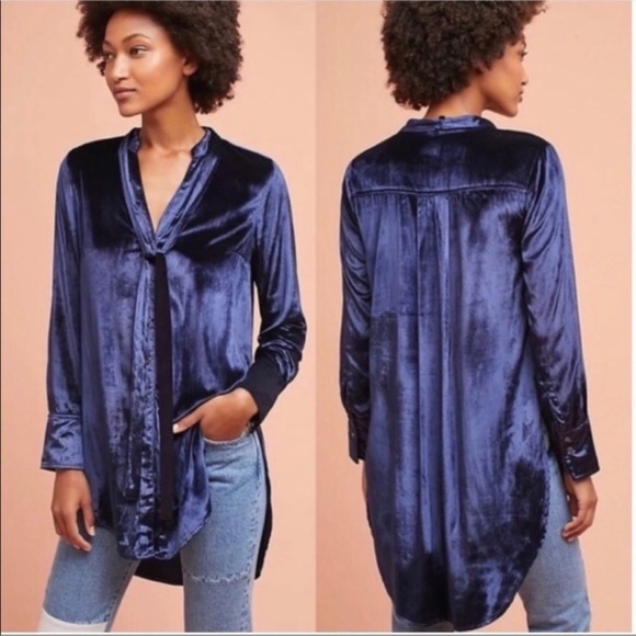 Anthropologie Maeve Blue Velvet Tie-Neck Button-down Tunic - Picture 6 of 6